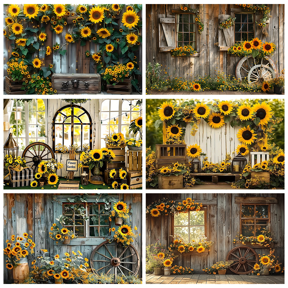 Baby Clothing Easter - Spring Sunflowers Photography Backdrop Rustic Wooden